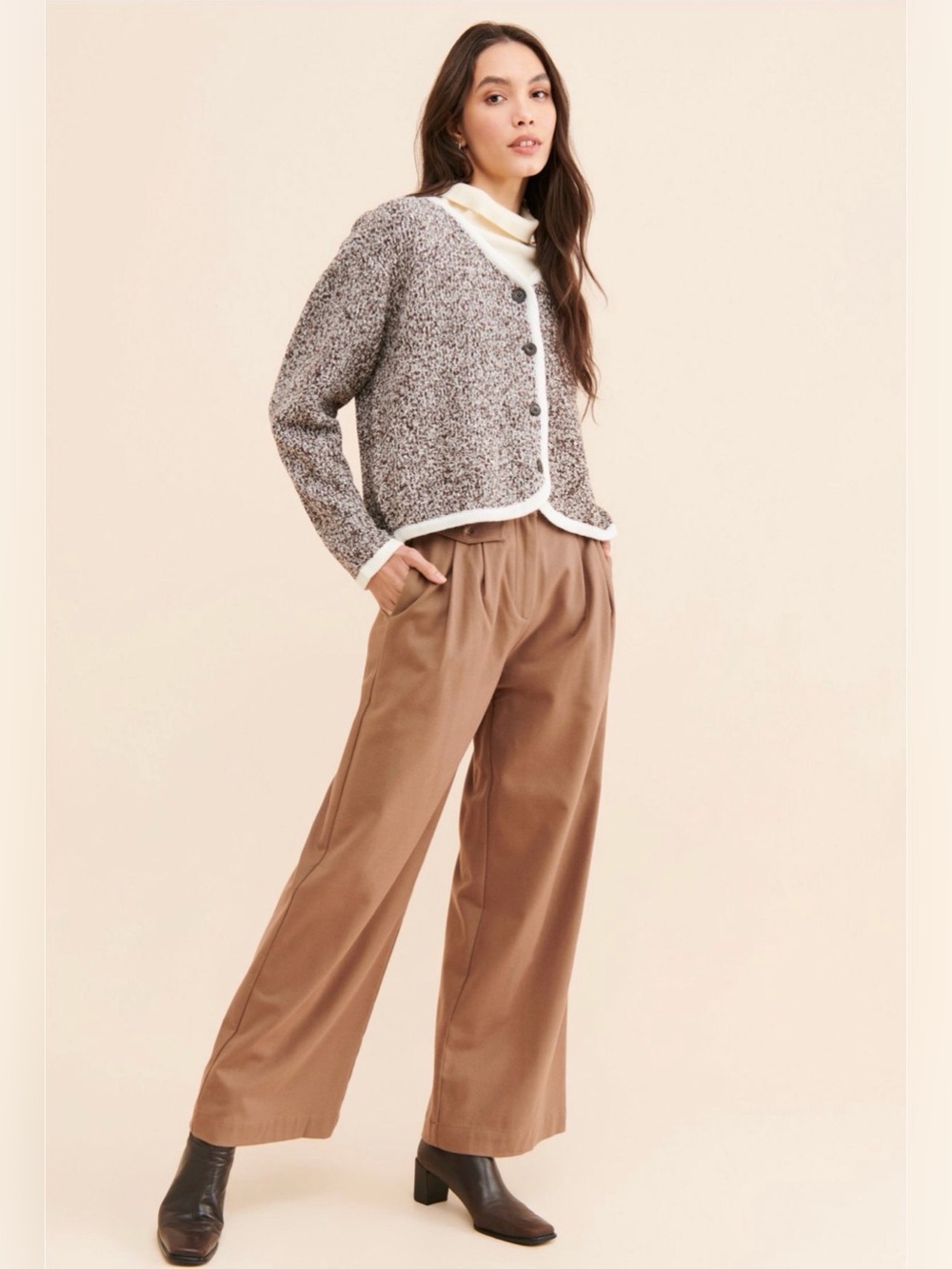 Anthropologie Flat White sweater Cozy Brown & Cream Speckled Button Cardigan - Picture 4 of 8